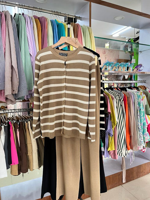 PLOYPA Casual Strip Cardigan With Loose Wide Leg Pants